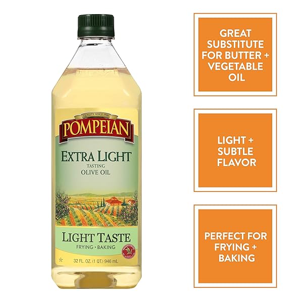POMPEIAN LIGHT TASTE OLIVE OIL, LIGHT, SUBTLE FLAVOR, PERFECT FOR FRYING & BAKING, NATURALLY GLUTEN FREE, NON-ALLERGENIC, NON-GMO, 32 FL. OZ.