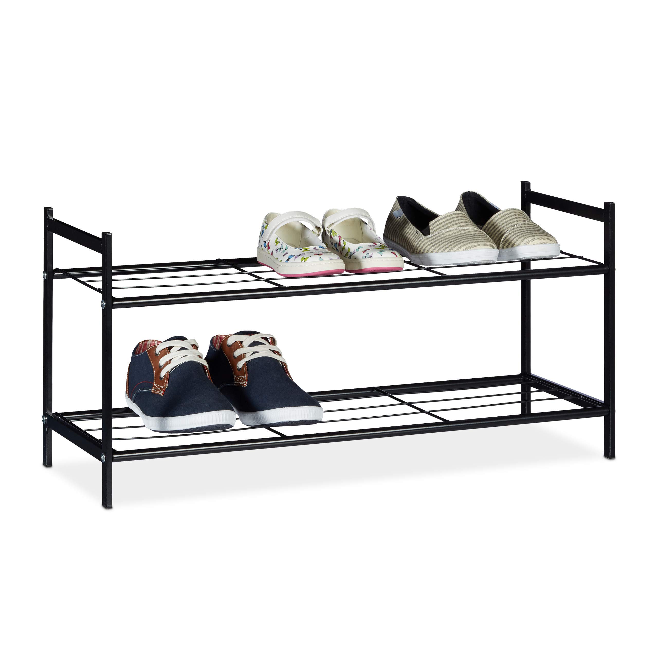 Relaxdays Shoe Rack SANDRA 2 Shelves, Metal Storage Unit, 33.5 x 69.5 x 26 cm, 6 Pairs of Shoes, Black