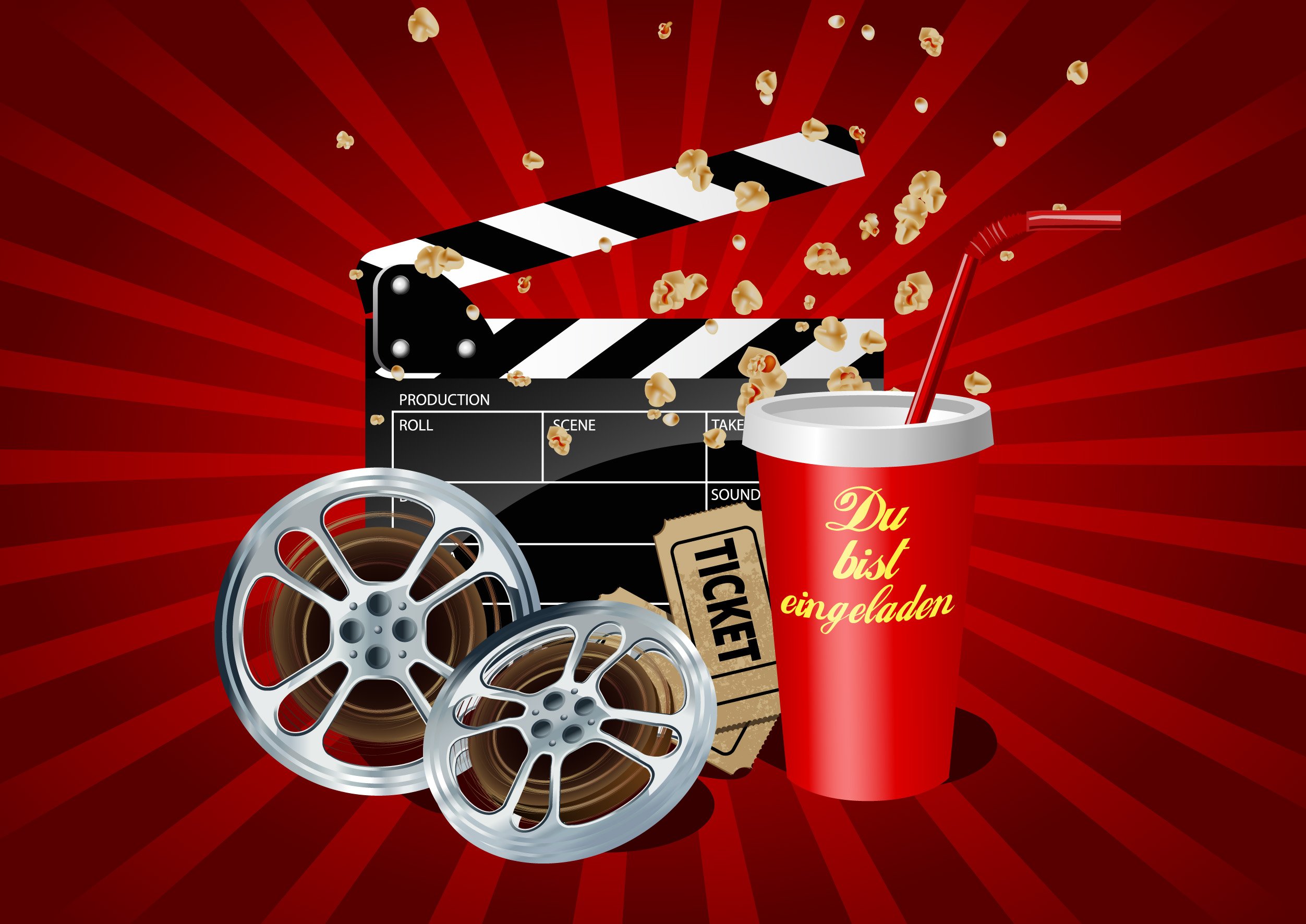 Edition Colibri 10 x Cinema Invitation Cards Children's Birthday Boy Girl - Colourful Cinema and Popcorn Motifs, 'Invitation' - Invitation Children's Party & Birthday, A6, without Envelopes