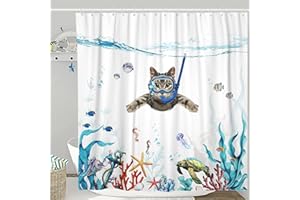 Fowocu Funny Cat Shower Curtain Set Teal Blue Sea Ocean Waterproof Fabric Shower Curtains with Animal Octopus Starfish Turtle Anchor Fish Nautical Bathroom Decor (Blue, 72''×72'')
