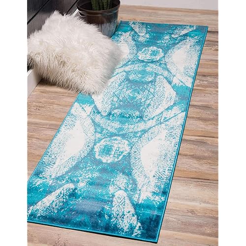 Unique Loom Sofia Collection Traditional Vintage Runner Rug, 2' x 13', Turquoise/Ivory