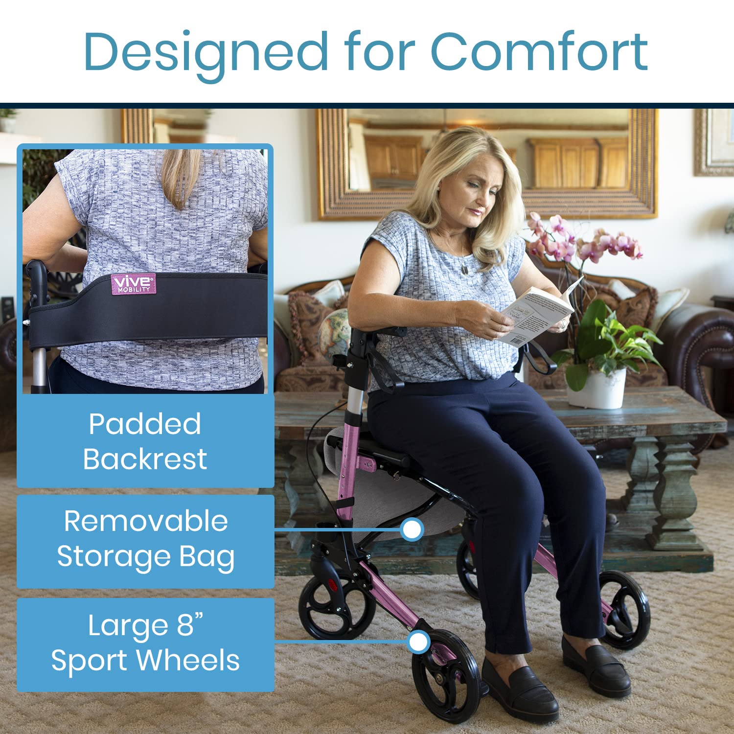 Vive Mobility Rollator Walker with Seat- Folding 4 Wheel Medical Rolling Walker with Bag - Mobility Aid for Adult, Senior, Elderly & Handicap - Aluminum Transport Chair