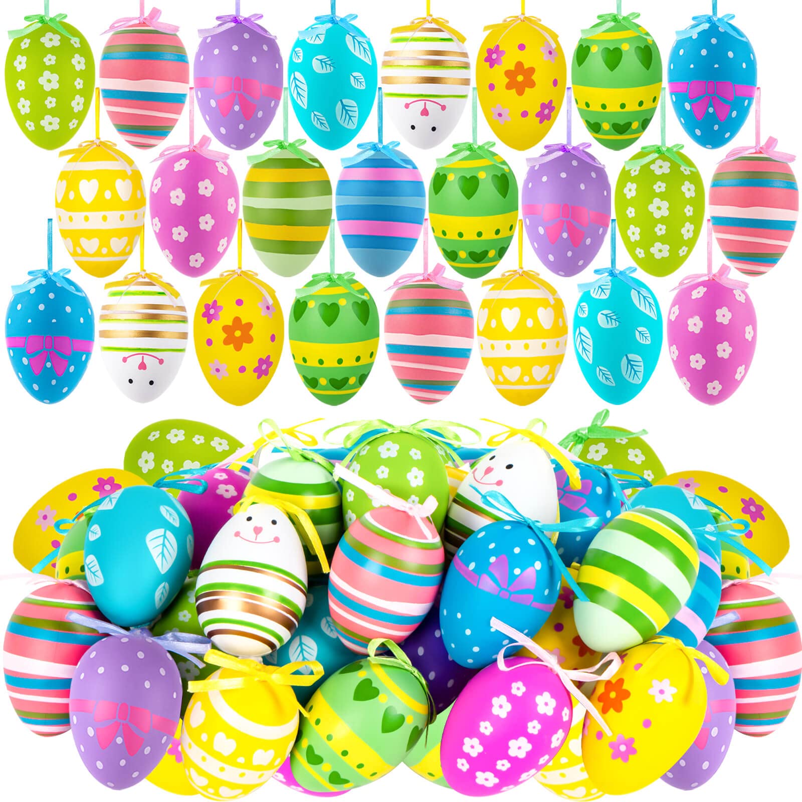 96 Pcs Easter Hanging Eggs, Multicolored Plastic Easter Egg Hanging Ornaments, Decorative Hand Painted Ball DIY Crafts Tree Ornaments for Decoration, Random Styles