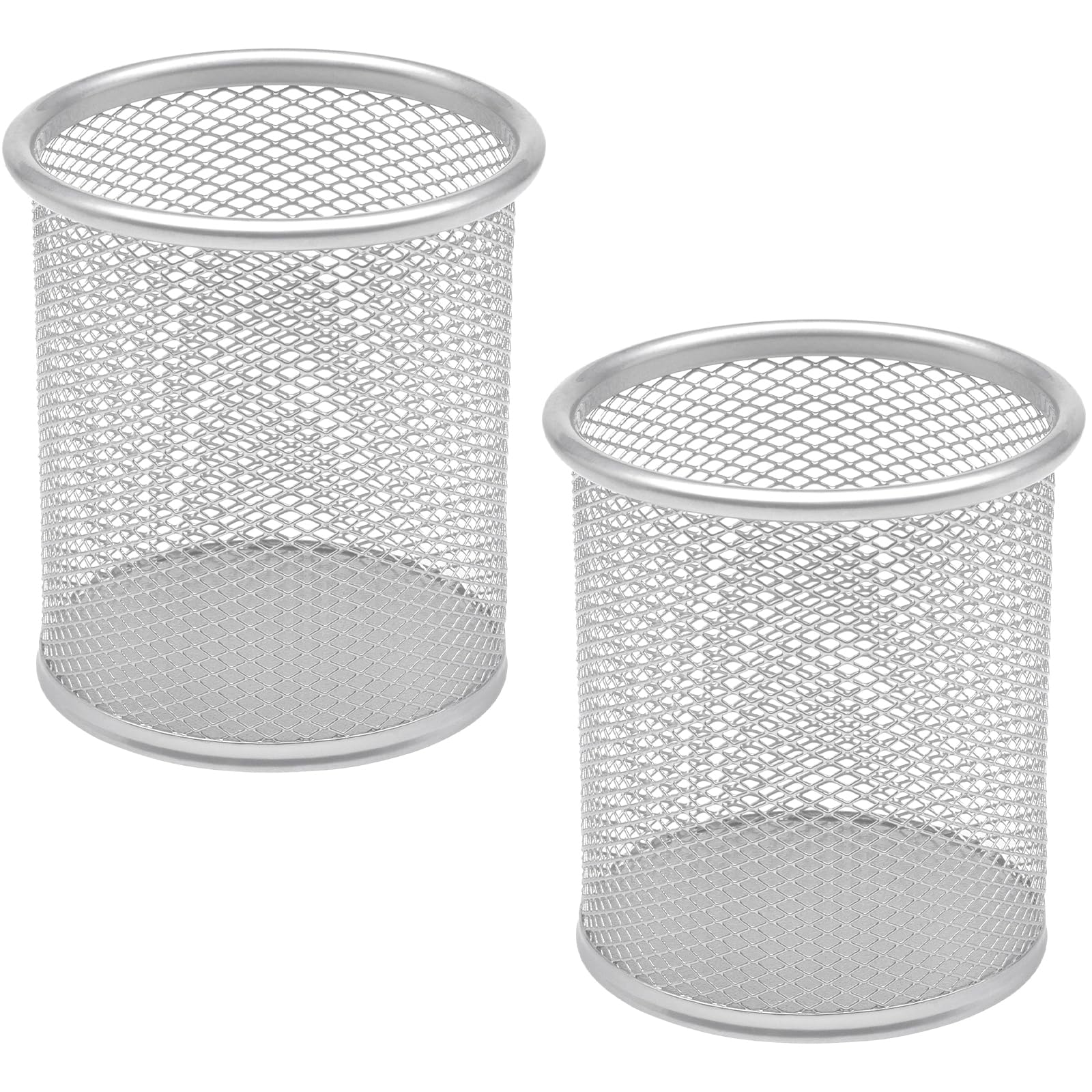DIFIT 2PC Pen Holder, Metal Pen Pot, Silver Pencil Pot, Mesh Portable Durable Pens Pots for Desk, Pens Holder for Office Learning School Home, Round