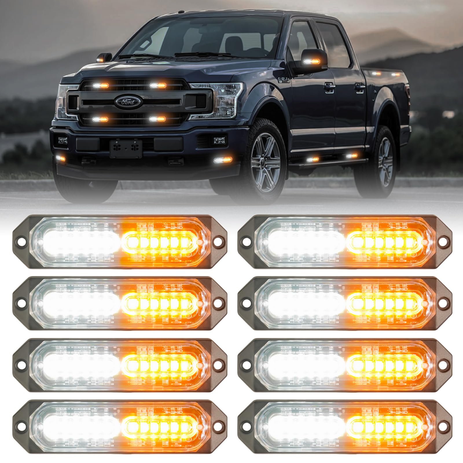 Photo 1 of PKINGLAKE 8Pcs Amber White Surface Mount Emergency Strobe Lights for Trucks, Ultra Slim Grille Warning Flashing Light Bar for Vehicles/Car
