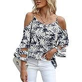 Jouica Womens Summer Cold Shoulder Tops Mesh Panel 3/4 Bell Sleeve Tees Adjustable Spaghetti Strap Loose Fit Shirts