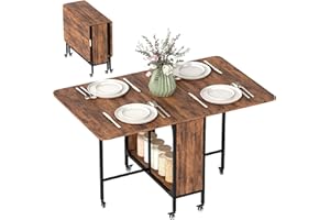 HOMCOM 51" Folding Dining Table for 6, Mobile Drop Leaf Table, Extendable Kitchen Table with Storage Shelf and 6 Wheels for S