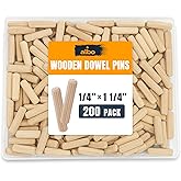 ALBO Wooden Dowel Pins 1/4 x 1 1/4 inch Fluted Wood Dowels Rods 200 Pack Hardwood Crafts Dowel Pegs