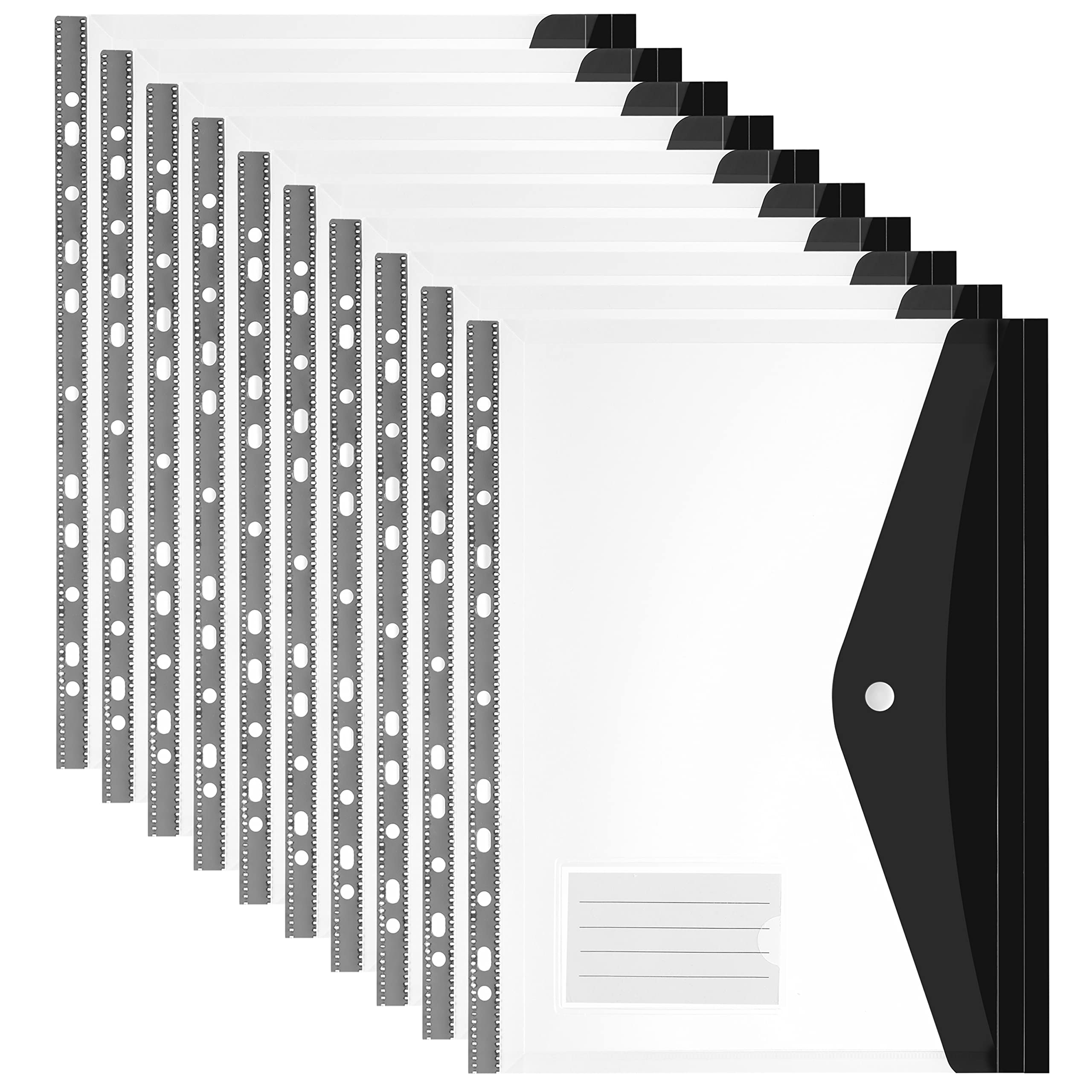 POERMA Ring Binder Punch Pocket A4, 10 Pcs Clear Poly Envelope Pockets Binder A4 with Label Pocket and Snap Button Closure, 11 Holes Plastic Wallets for School and Office Supplies, Black