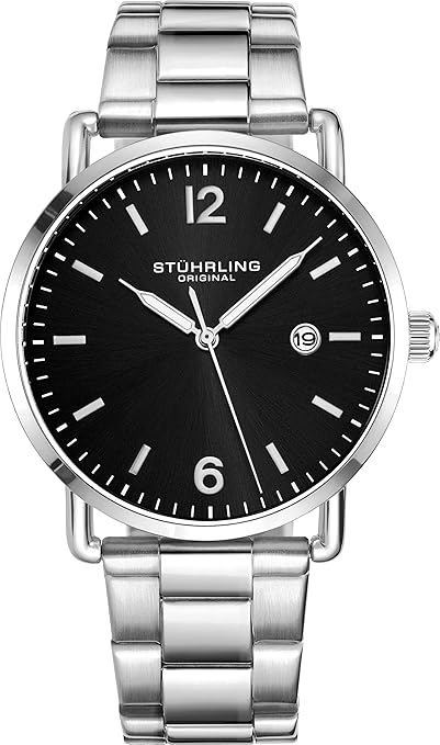Stuhrling Original Mens Watch Leather or Bracelet Watch Band Silver Dial with Date Minimalist Style 38mm Case - 3901 Watches 