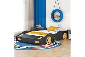 Brisca Full Size Race Car-Shaped Platform Bed with Wheels,Solid Wood Bed Frame W/Storage,No Box Spring Required,for Bedroom,Apartment,Guest Room,Black+Yellow