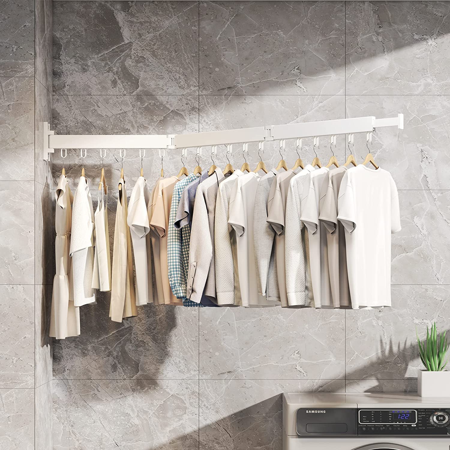 Honeyhouse Wall Mounted Clothes Drying Rack,Laundry Drying Rack,Space-Saver Retractable Clothes Hanger Rack, Collapsible Clothes Hanging Rack for Balcony,Laundry,Bathroom,Patio (White), M (DJ01167)