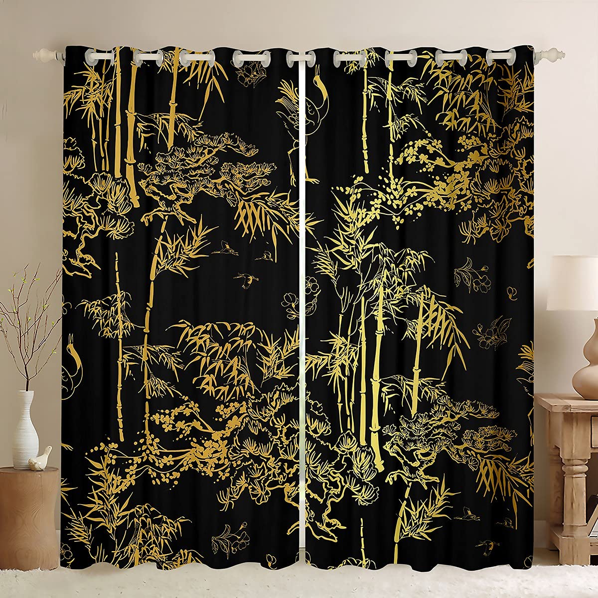 Loussiesd Black Gold Curtains for Boys Girls Bedroom Bamboo Window Curtain Teens Home Eastern Botanical Theme Curtain Oriental Gift Window Treatments Bright Window Drapes Curtains W66*L90 — image 1