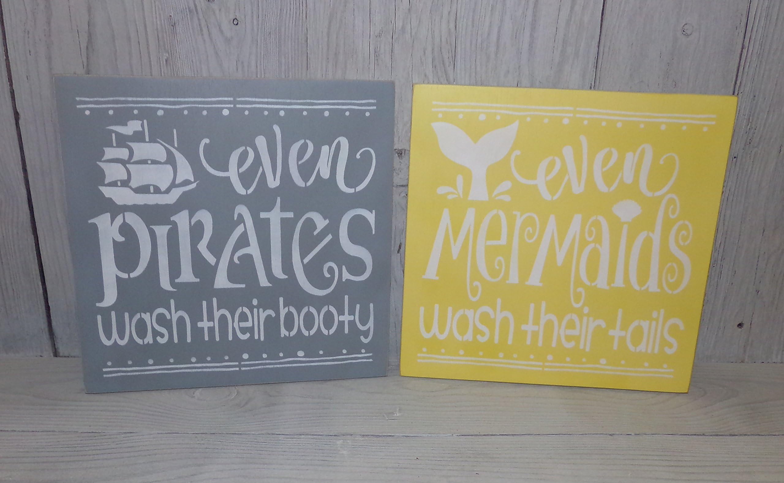 Set of 2 Even Mermaids Wash Their Tails and Even Pirates Wash their Booty Yellow Gray Children's Bathroom Wall Sign