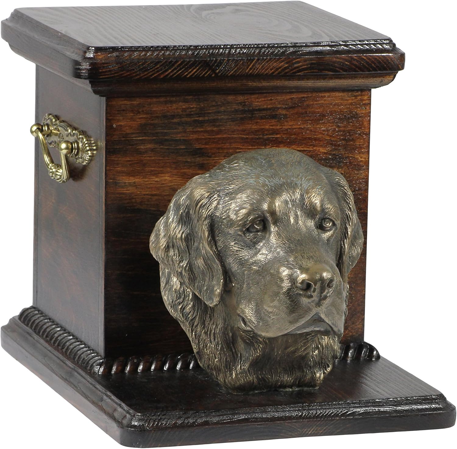 Golden retriever, memorial, urn for dog's ashes, with dog statue