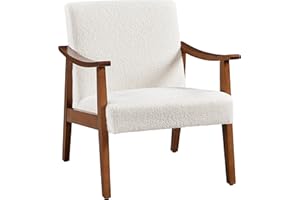 Yaheetech Fabric Accent Chair, Mid-Century Modern Armchair with Solid Wood Legs, Reading Leisure Chair with High Back for Living Room Bedroom Waiting Room,Ivory