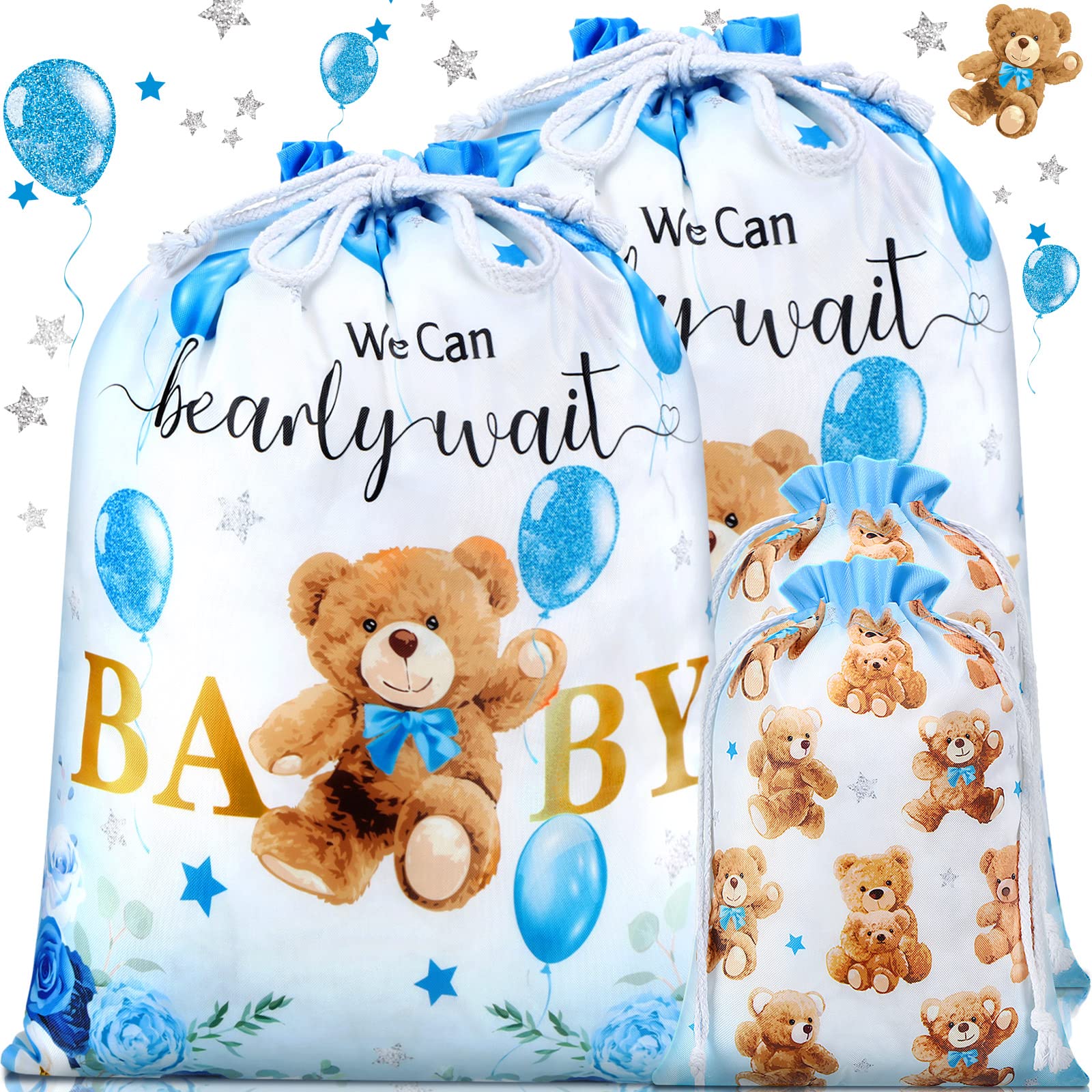 Photo 1 of Chapou 4 Pcs Large Baby Shower Drawstring Gift Bags for Boy Blue Bear Reusable Canvas Wrap Bags 20 Inch Extra Large 12 Inch Medium Treat Sacks Baby Shower for Kid Girls Birthday Gender Reveal Party