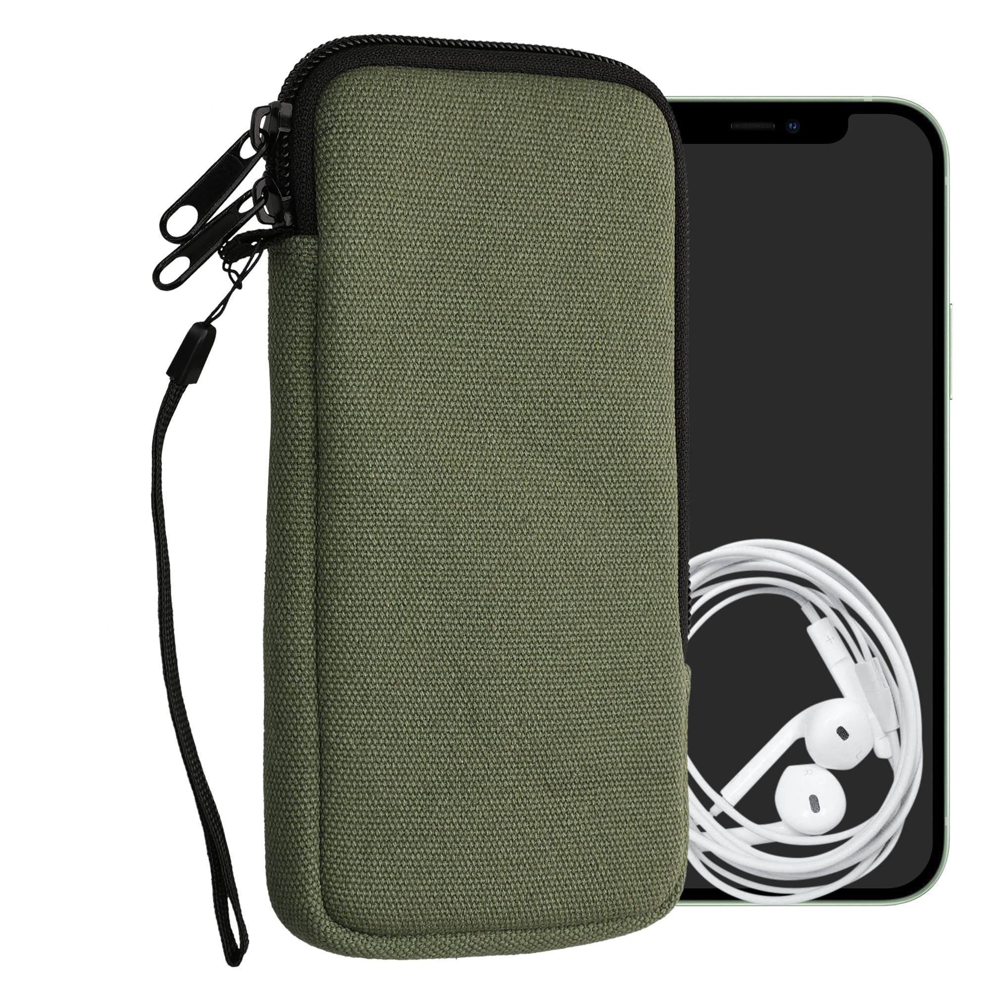 kwmobile Canvas Phone Pouch XXL - 7" - Universal Cell Sleeve Mobile Bag with Zipper and Soft Microfibre Lining - Olive Green