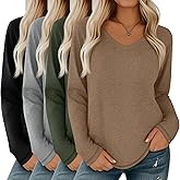 Velvelhall 4 Pack Women's Long Sleeve V Neck Shirts, Casual Loose Fit Tees Basic Tunic Tops Trendy Fall T-Shirts Outfits