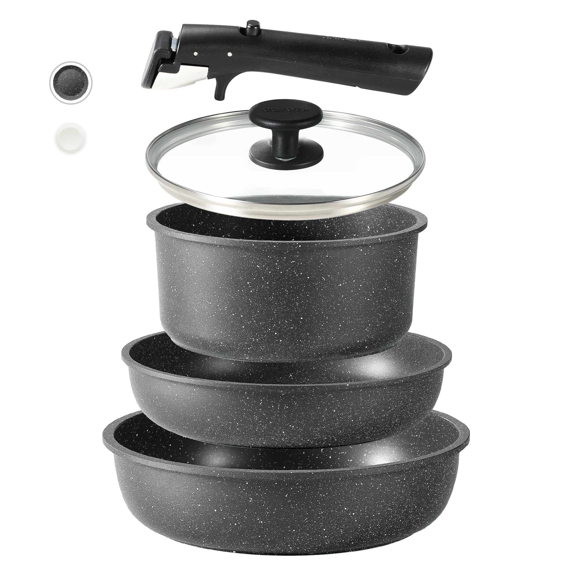 Photo 1 of CAROTE Nonstick Cookware Sets, Non Stick Pots and Pans Set Detachable Handle, Kitchen Cookware Sets with Removable Handle, Stackable RV Cookware for Campers, Oven Safe, Midnight Black, 5pcs