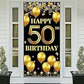 Vicycaty 50th Birthday Decorations for Men & Women, Fabric Happy 50th Birthday Banner Backdrop, 50 Year Old Party Photo Props, Yard Sign, Welcome Door Decor Supplies, Black Gold, Indoor Outdoor Use