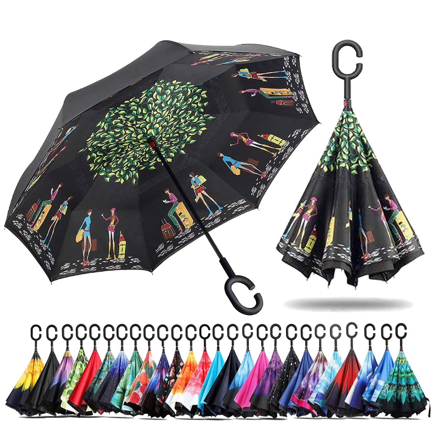 NNY Inc Double Layer Inverted Umbrella Cars Reverse Open Folding Umbrellas, Windproof UV Protection Large Self Stand Upside Down Straight Umbrella for Golf Women and Men with C-Shaped (Travel)