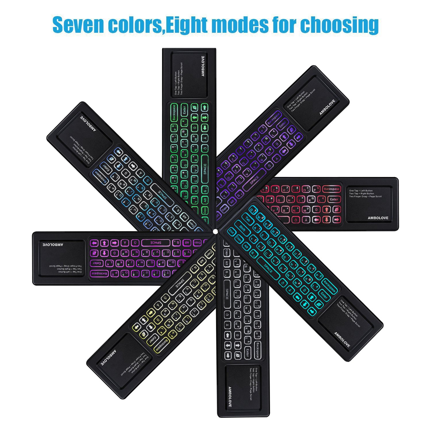 Airmaus Fernbedienung, AMBOLOVE Mini Tastatur kabellos Somatosensorisches Spiel Keyboard 2,4 G wiederaufladbare Air Mouse Combo mit Touchpad und 7 Farb-LED Backlits