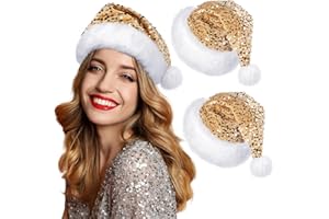 Glitopper 2 Pcs Sequin Santa Hat Christmas Hats with Shiny Sequin and Pompom for Adult Women Men Xmas New Year Party