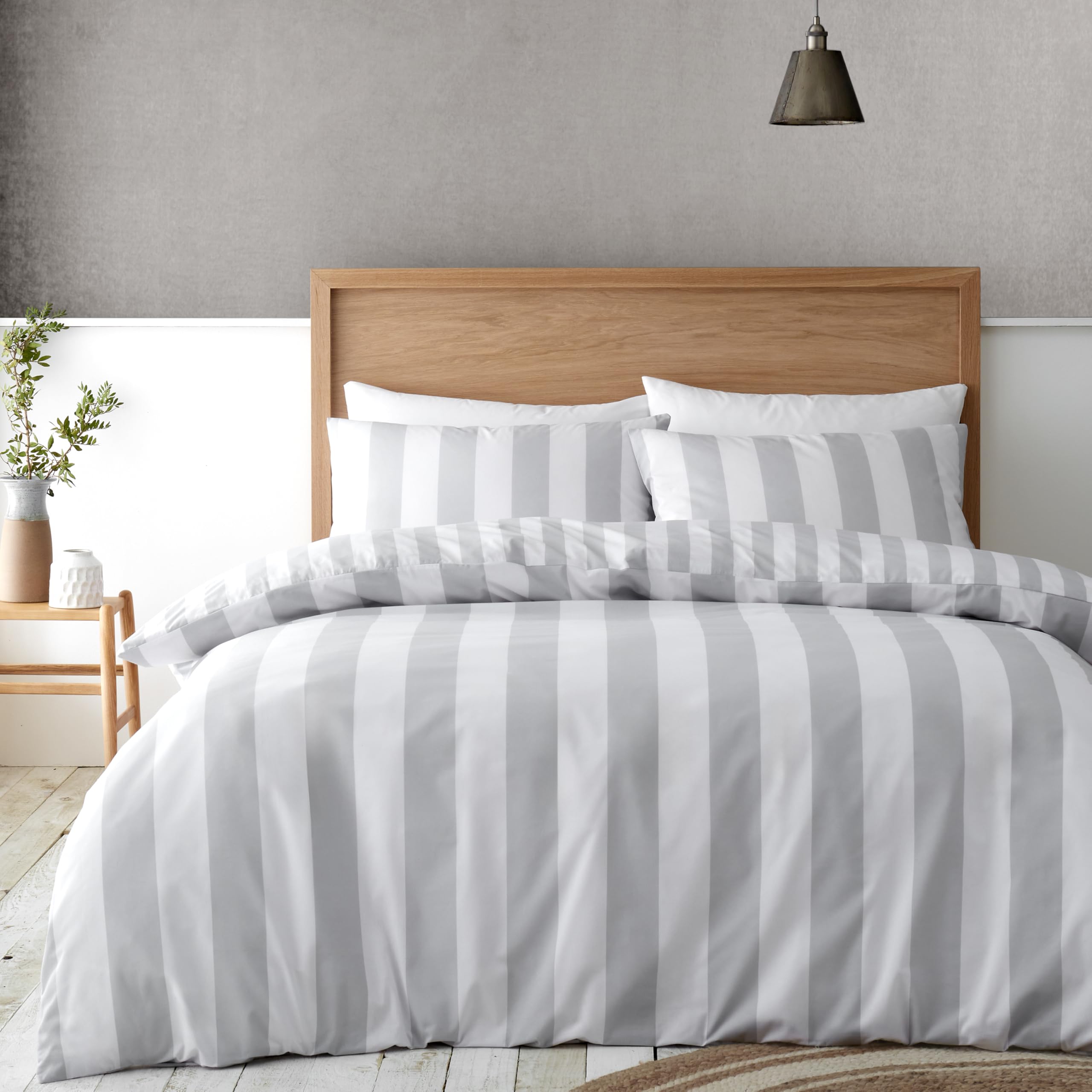Catherine Lansfield Cove Stripe Reversible Single Duvet Cover Set with Pillowcase Silver Grey
