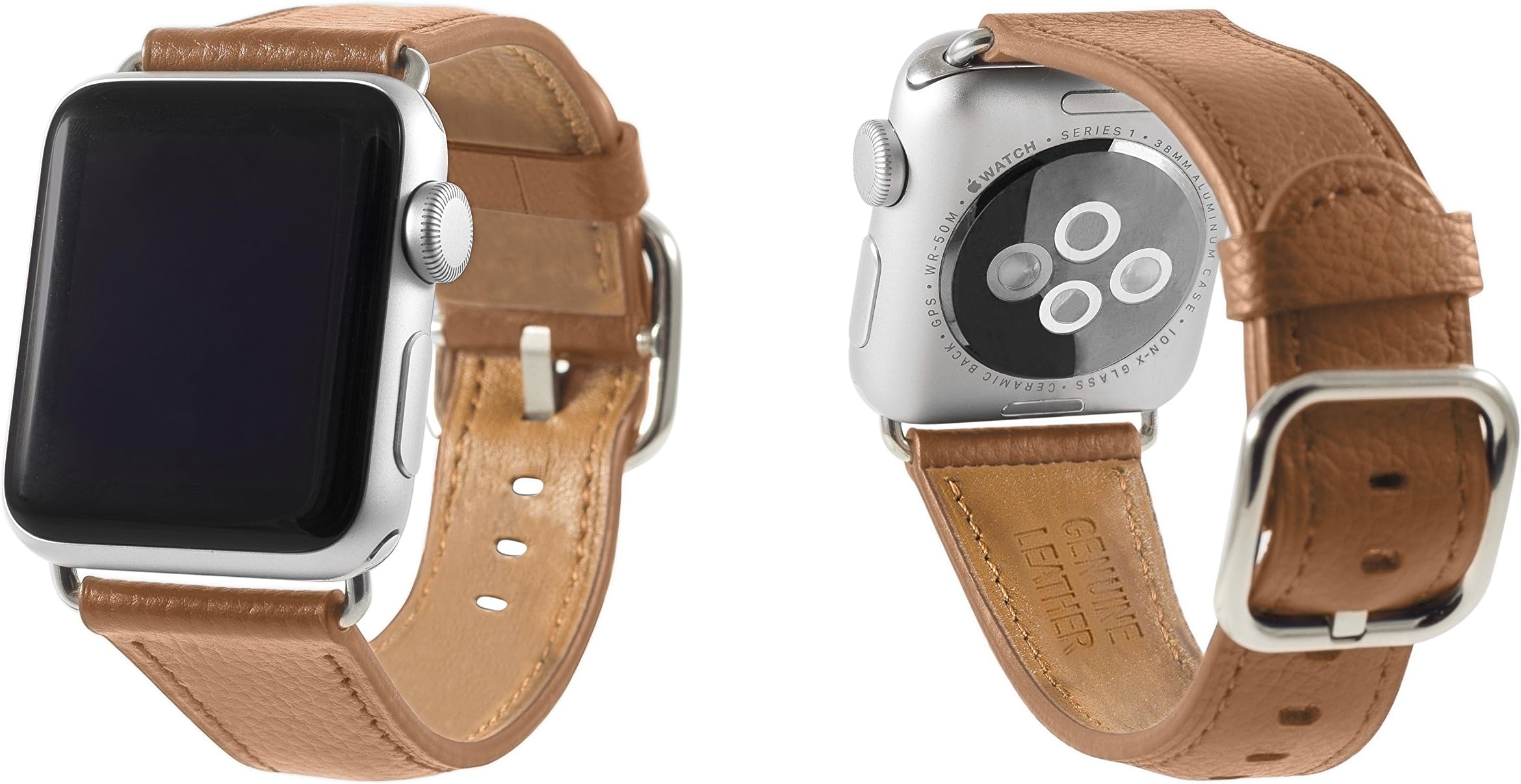 Sol Accessories Genuine Leather Wrist Band Replacement Straps with Stainless Steel Buckle Clasp compatible with Apple iWatch 38mm & 42mm Series 1/2/3/4/5 (42mm, Brown)