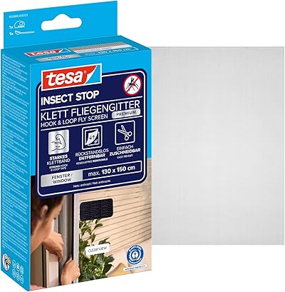 tesa Insect Stop Klett Fliegengitter Premium für Fenster, Insektenschutz mit starkem Klettband, rückstandsfrei entfernbar, zuschneidbar, ohne Bohren - 130 cm x 150 cm - Anthrazit (Durchsichtig)