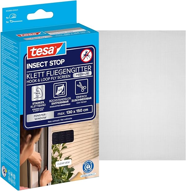 tesa Insect Stop Klett Fliegengitter Premium für Fenster, Insektenschutz mit starkem Klettband, rückstandsfrei entfernbar, zuschneidbar, ohne Bohren - 130 cm x 150 cm - Anthrazit (Durchsichtig)