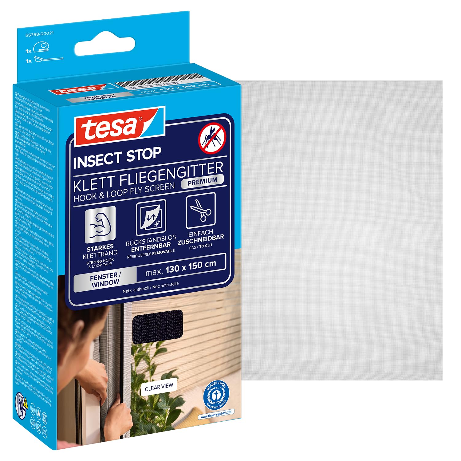 tesa INSECT STOP H&L Fly Screen Premium for Windows, insect screen with strong hook & loop tape, remove without leaving residue, cut to size - 130 cm x 150 cm - Anthracite (Transparent) — image 1