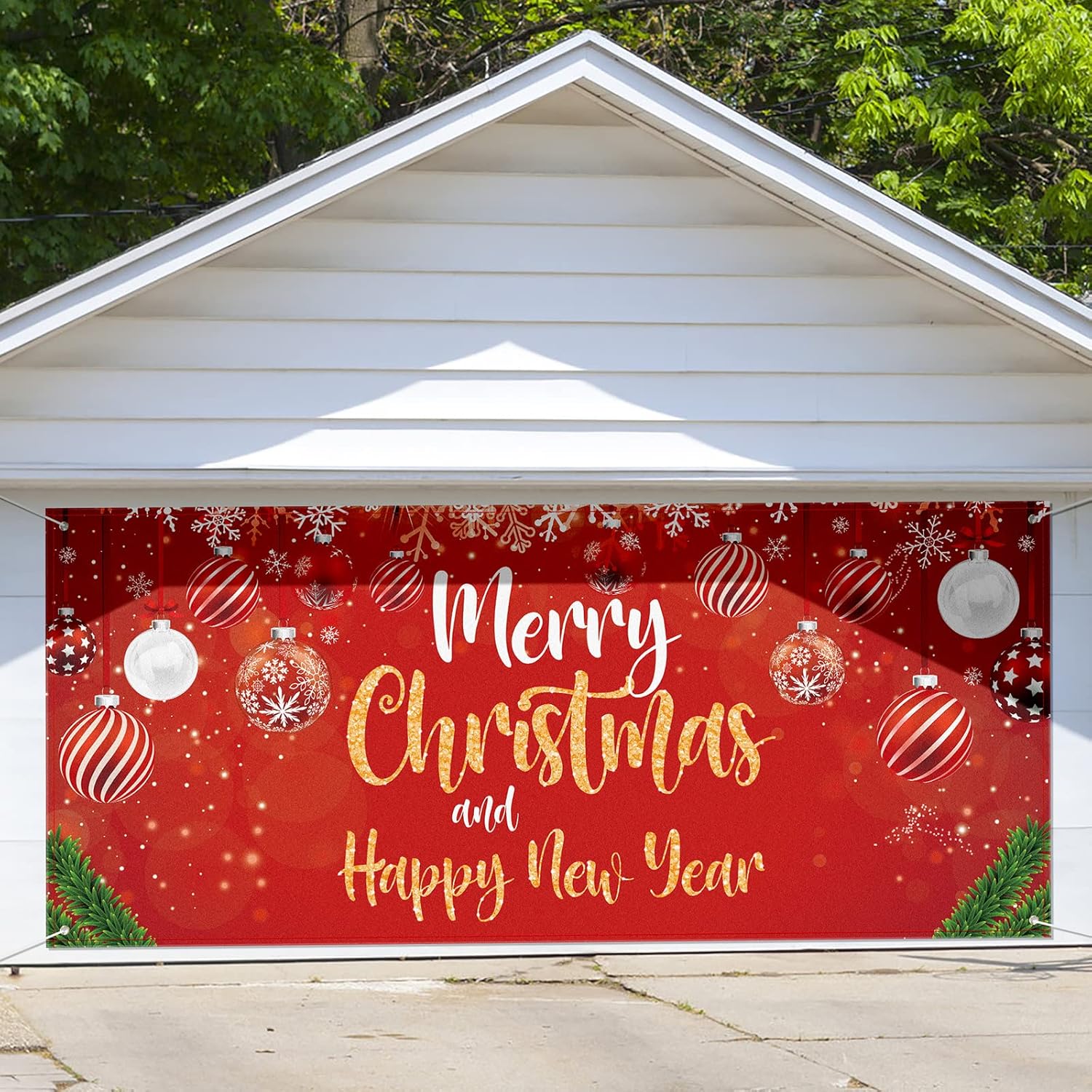 Garage Door Decorations - Jetec Christmas Garage Door Banner Large 6 x 13 ft 2023 Merry Christmas Backdrop Decoration Happy New Year Outdoor Cover Xmas Garage Banner Decor for Holiday Christmas Background (Striped Ball)