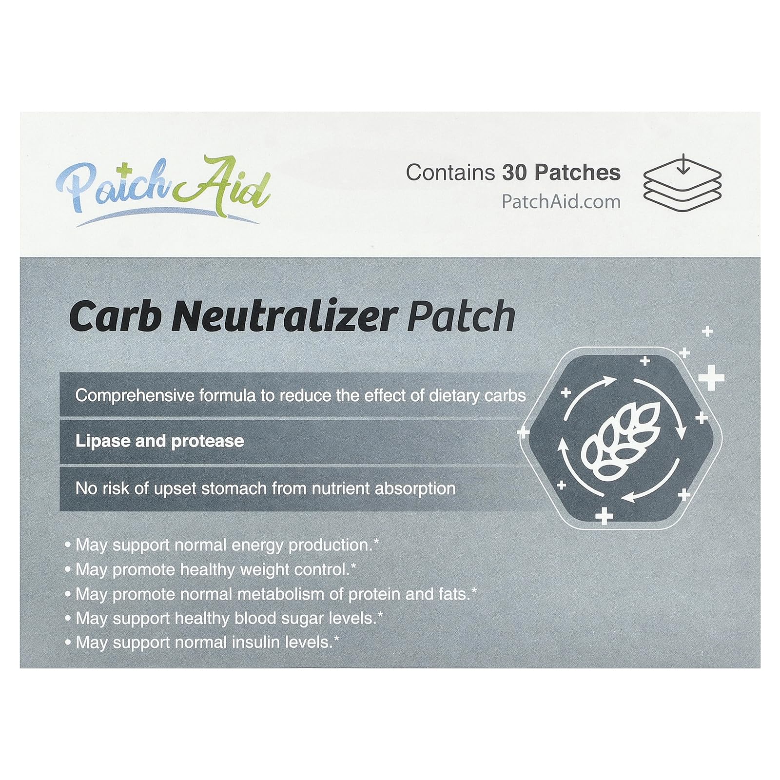 Patch Aid Carb Neutralizer - 30 Daily Topical Patches. 100% Natural & Vegan. Allergy & Filler Free. High Absorption and More bioavailable. Suitable for Sensitive stomachs & bariatric.