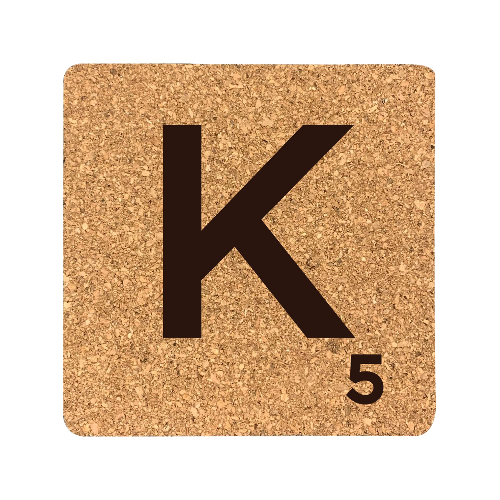 eBuyGB Scrabble Drinks Coasters, Square Cork Coaster, Individual Alphabet Letters, Scrabble Tiles with Score Marks - Personalise Your Own Scrabble Words (K) — image 1