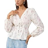 HERYEA Women Blouse Lace Button V-Neck Shirt,Long Puff Sleeve Tie-Waist Cute Top