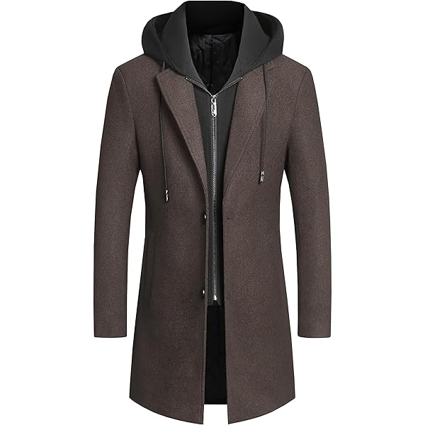 Men's Wool Coat Hoodie Long Trench Windproof Business Hooded