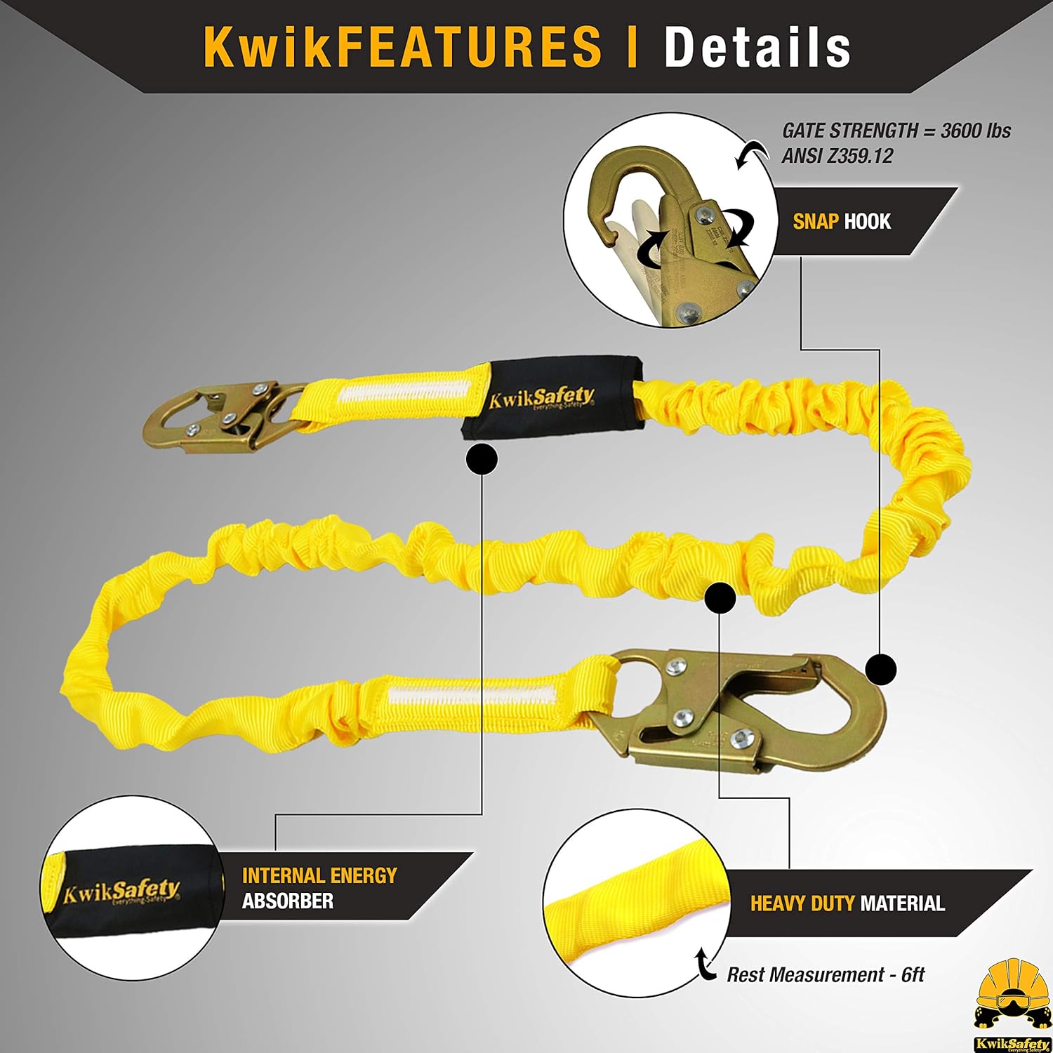 KwikSafety (Charlotte, NC) RATTLER 1 PACK (Internal Shock Absorber) Single Leg 6ft Safety Lanyard OSHA ANSI Fall Arrest Protection Equipment Snap Hooks Construction Arborist Roofing - - 
