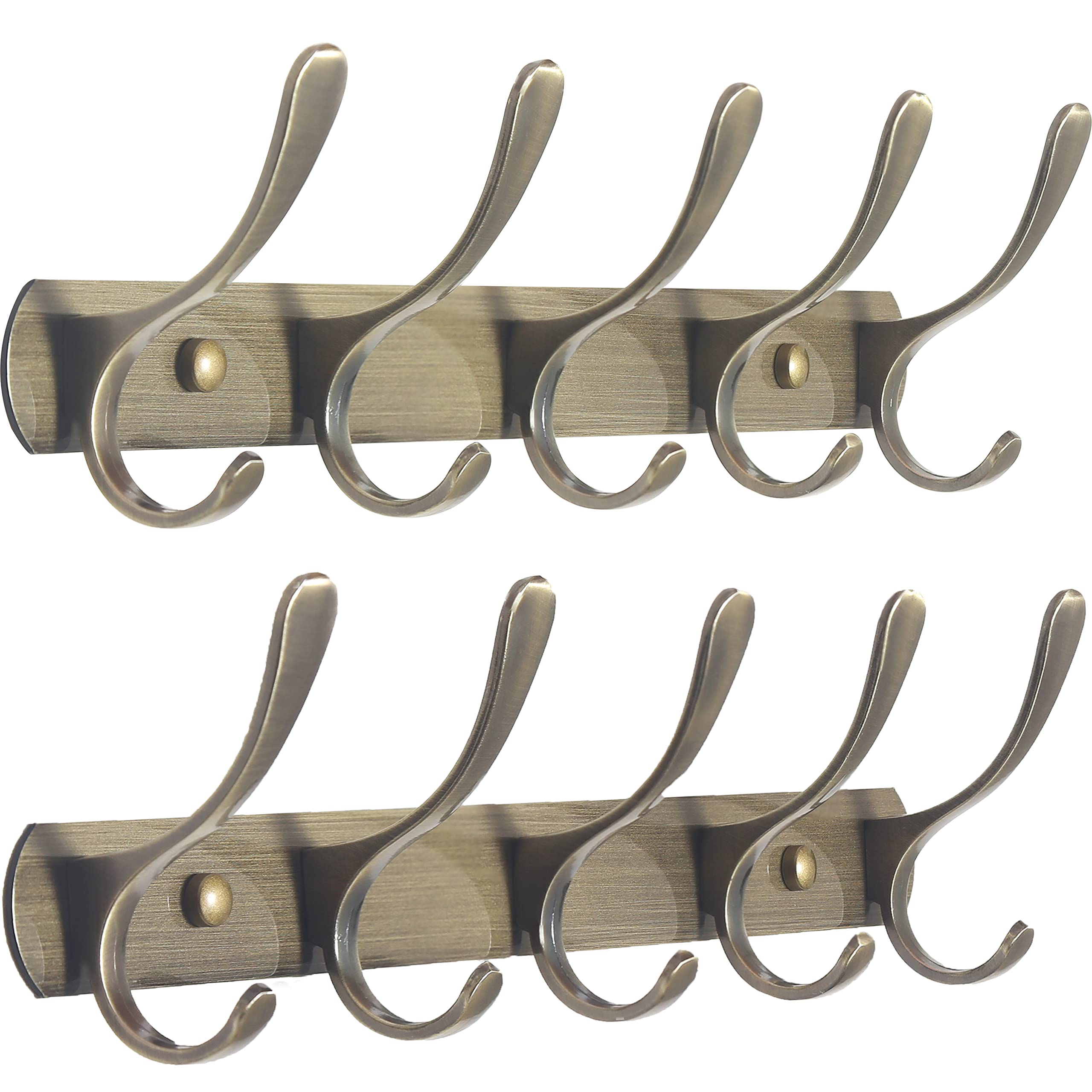 SKOLOO Coat Rack Wall Mount - Modern, Metal Wall Coat Rack with 5 Hooks, Pack of 2, Sturdy Wall Hook Rack Rail for Hanging Coat, Jacket, Clothes, Hat, Bronze