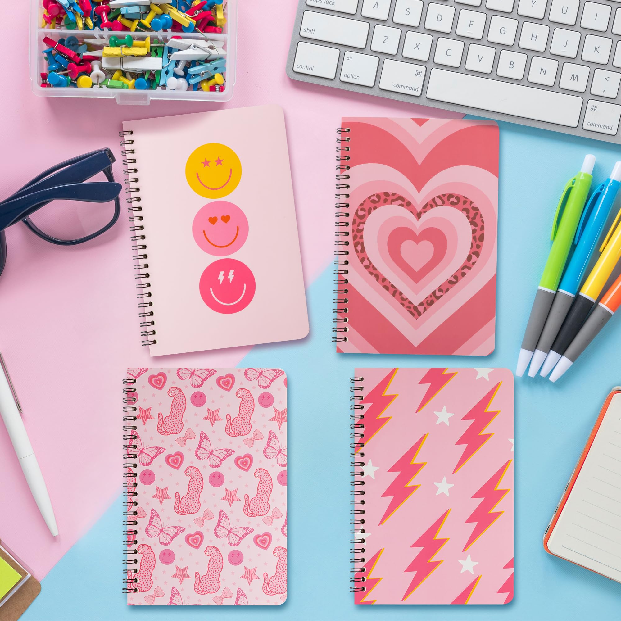 L1rabe 4 A5 Preppy Spiral Notebooks Christmas Gift Y2K Notepads Travel Journal for Kids Teens Cute Pink Smile Hardbound College Ruled Exercise Book for Girl School Office Supplies Winter New Year Gift