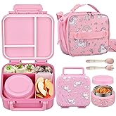 BEAQUEE Kids Lunch Box Set with Bento Box, 9oz Stainless Steel Thermos & Insulated Lunch Bag – Hot & Cold Leakproof Lunch Container with Utensils for School & Travel, Pink Set