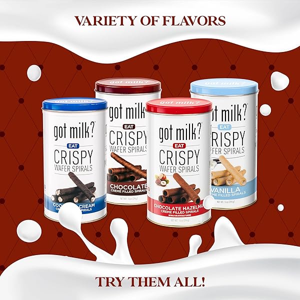 GOT MILK? WAFER SPIRALS, CHOCOLATE, 14 OZ. TIN WITH 36 ROLLS, DELICIOUS ROLLED WAFER ROLLS WITH FILLING, CHOCOLATE WAFER COOKIES FOR DESSERT OR SNACK, RETAIL PACK