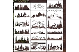 Zosylley Pine Tree & Mountain Animal Stencils for Wood Burning, Painting & Decorating, 16pcs Reusable & Washable PET Plastic, 12x8 & 12x6 Inch