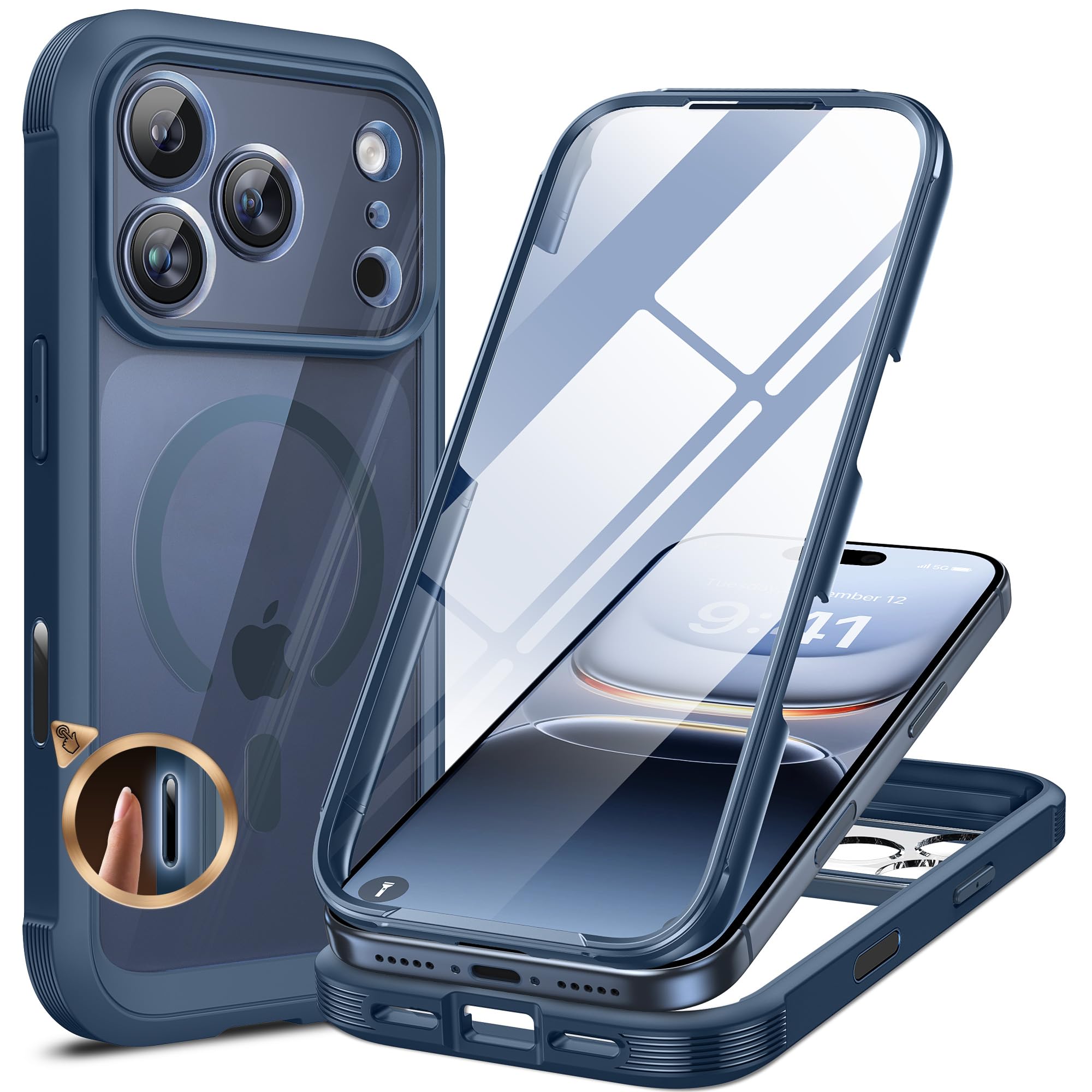 Photo 1 of Miracase for iPhone 17 Pro Max Case 6.9" Full-Body Phone Case with Built-in Glass Screen Protector& Full Camera Protector,[Magnetic with MagSafe] Drop Proof 17 ProMax Cover, Blue