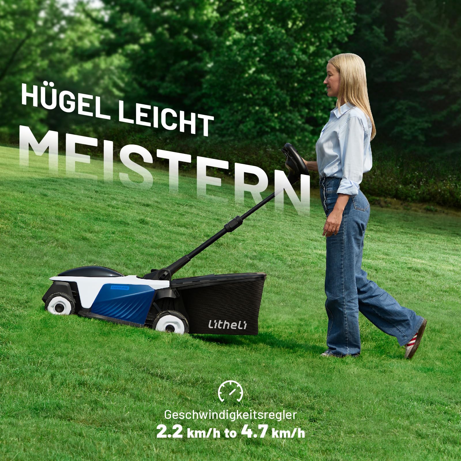 Litheli Easysurge Akku Rasenmäher, 40V/43cm Schnittbreite, Selbstfahrend (2,2-4,7 km/h), Bürstenloser Motor, bis 500 m², 50L Fangkorb, 25-75 mm Schnitthöhe, inkl. 2 x 4,0 Ah Akkus 5