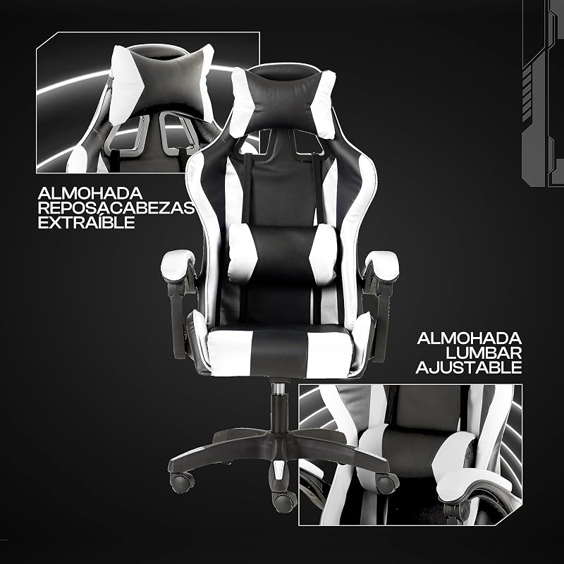 – Silla De Gaming Blanca y Negra, Silla Ergonómica de Oficina con Respaldo Regulable de 90° a 120°, con Reposacabezas, reposabrazos y Soporte Lumbar. Rotación de 360°
