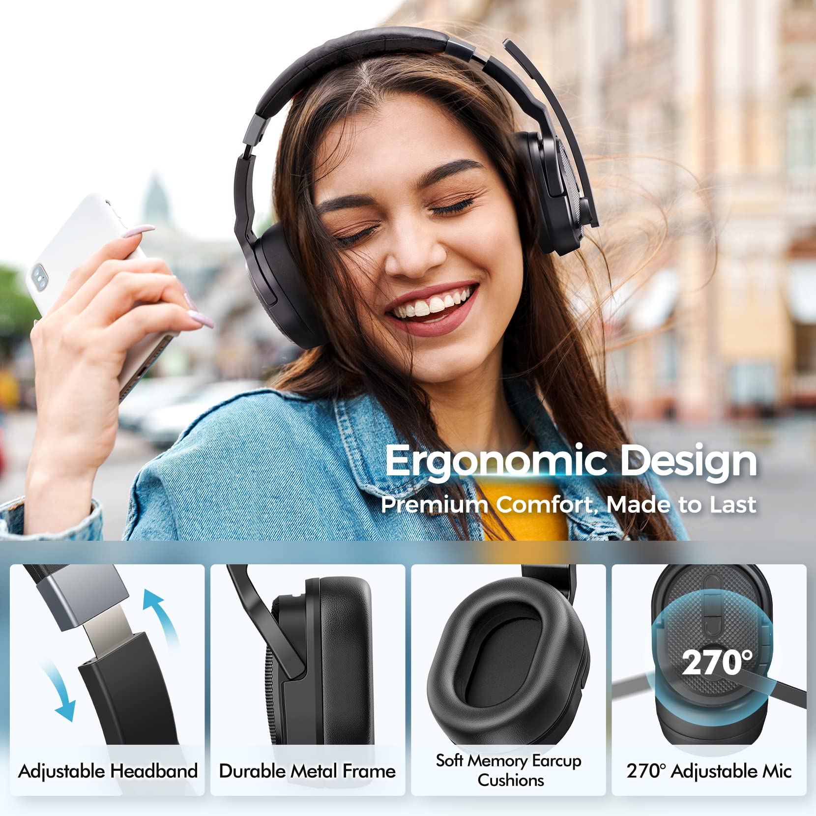 Trucker Bluetooth Headset, Wireless Headsets with Noise Cancelling Microphone, 50+Hrs HD Talktime Bluetooth Headphones with Detachable Earpad/Single+Dual Mode for Office/Driving/Home