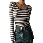 MakeMeChic Women's Striped Long Sleeve Shirts Scoop Neck Tops Slim Fit Rib Knit Fall Basic Tee