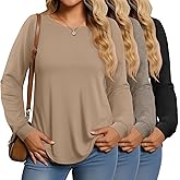 Huukeay 3 Pack Women Plus Size Long Sleeve Tops Loose Fit Tunic Shirts Crewneck Basic Tops Curved Hem Casual T Shirts